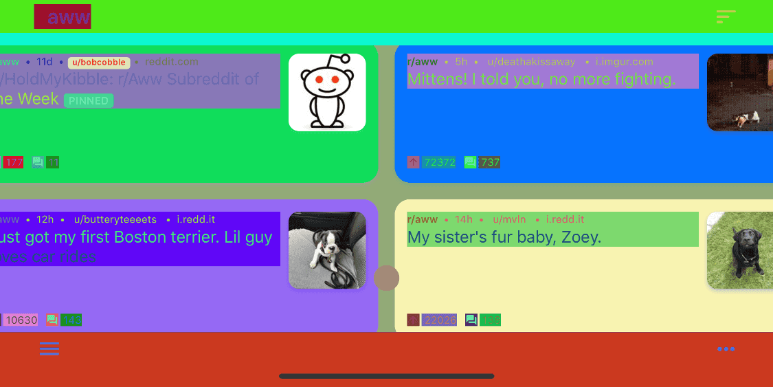 A screenshot of Slide for Reddit with all colors randomized